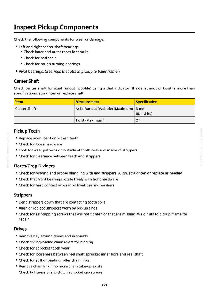 May include: A detailed technical document titled "Inspect Pickup Components" with a white background. The document lists various components to check for wear or damage, including bearings, seals, and teeth. Measurements are provided in millimeters and inches.