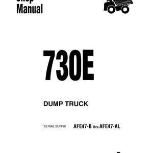 May include: A white shop manual cover with the text "Shop Manual" and "730E DUMP TRUCK". Includes a black illustration of a dump truck and the Komatsu logo.