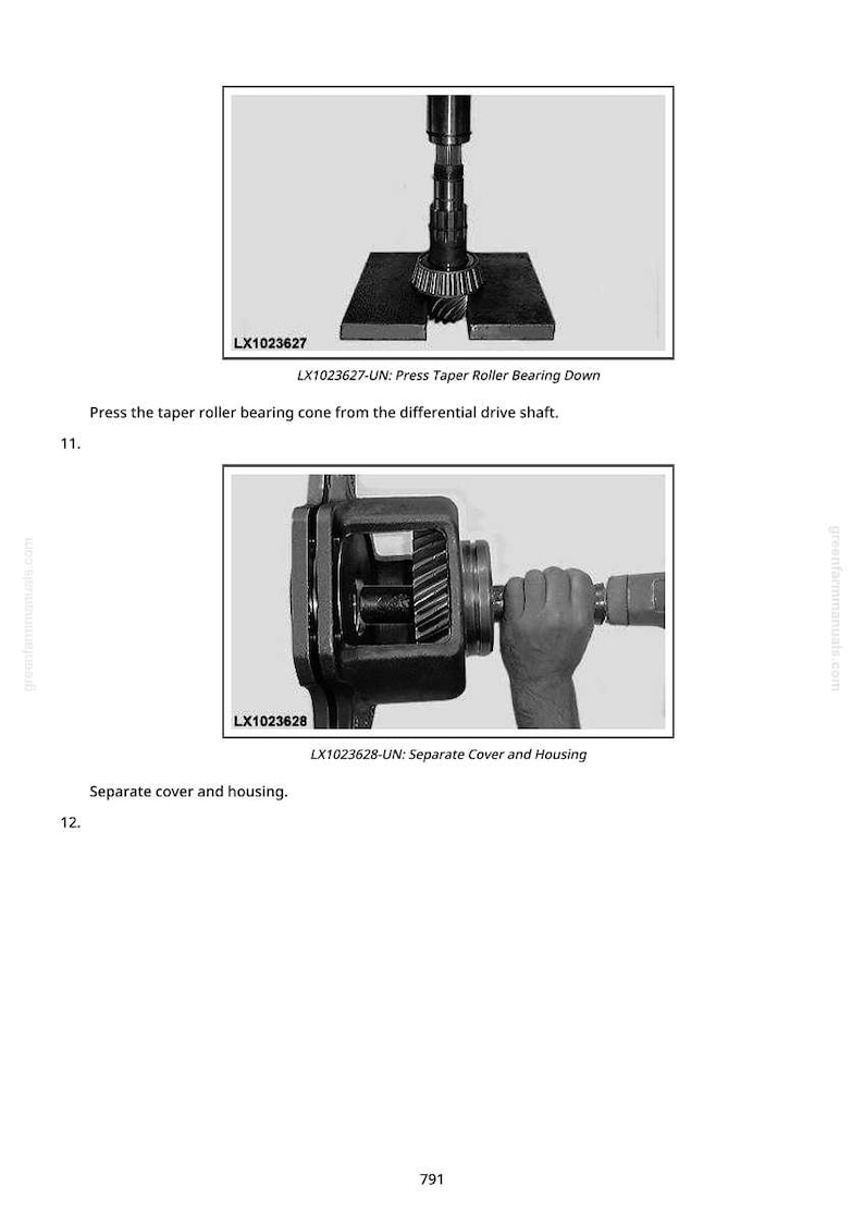 May include: Two black and white images from a manual. The first shows a mechanical part being pressed down. The second shows a mechanical part being held. Text includes "Press Taper Roller Bearing Down" and "Separate Cover and Housing."