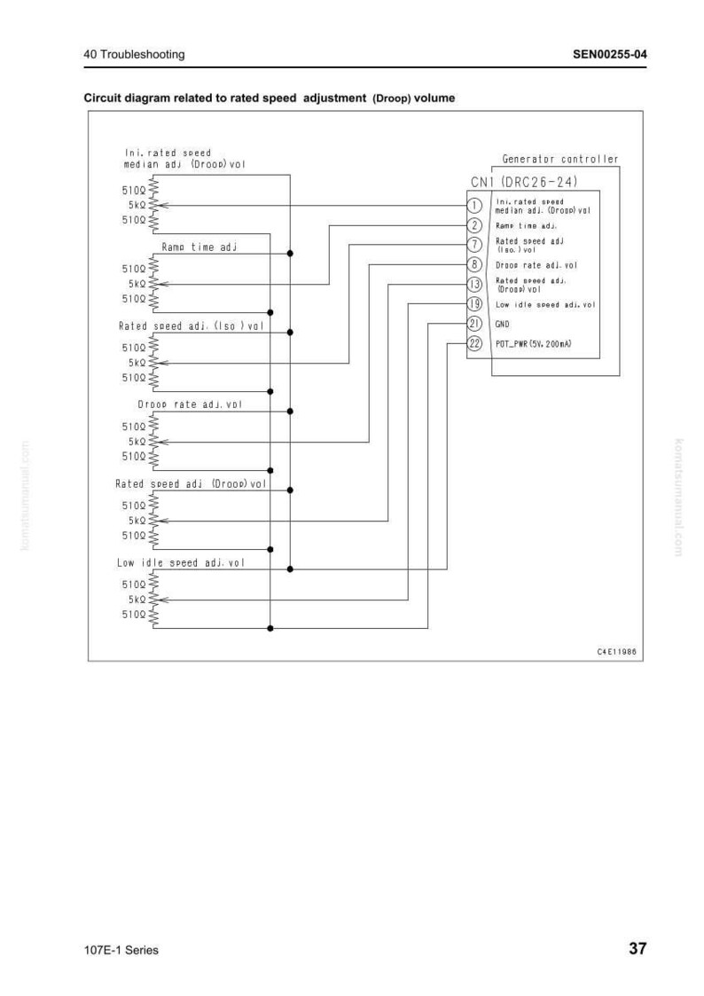 May include: A circuit diagram related to rated speed adjustment (Droop) volume. The diagram includes labels such as "Ini. rated speed median adj (Droop) vol" and "Generator controller CN1 (DRC26-24)". The diagram also includes the text "POT_PWR (5V, 200mA)".