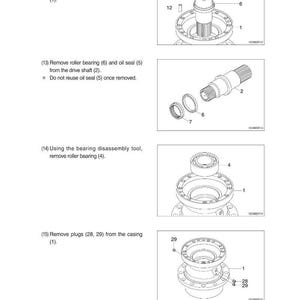 May include: Diagram of mechanical components with labels and instructions. Includes a drive shaft, roller bearings, oil seals, and a casing. Text instructions detail removal steps for various parts.