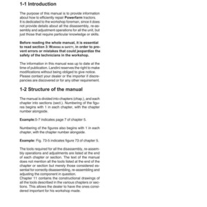 May include: A page from a manual titled "INTRODUCTION" with the heading "Sect. 1 - How to consult the manual." The text explains the manual's purpose, structure, and safety instructions for Powerfarm tractor repair. The page is white with black text.