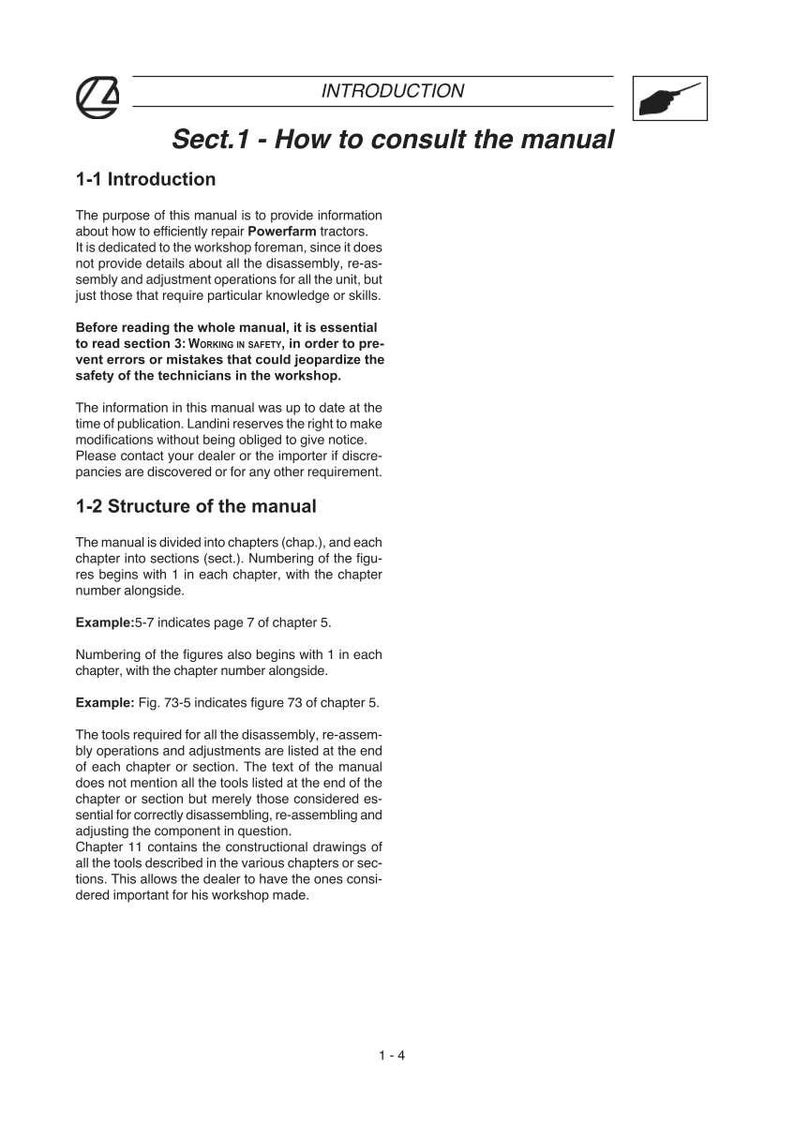 May include: A page from a manual titled "INTRODUCTION" with the heading "Sect. 1 - How to consult the manual." The text explains the manual's purpose, structure, and safety instructions for Powerfarm tractor repair. The page is white with black text.