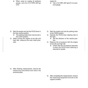 May include: A page from a manual detailing procedures for measuring transmission and steering clutch pressures. The text includes instructions for connecting gauges and setting engine parameters, with measurements in MPa and kg/cm&sup2;.