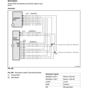 May include: Diagram of a transmission upshift/downshift schematic, labeled as FIG. 380. It includes an armrest ECU and shift handle, with various connections and labels such as "SENSOR +3.33 V" and "SENSOR +1.66 V".