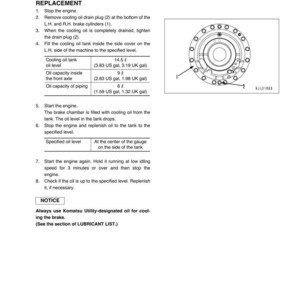 May include: A page from a manual detailing brake cooling oil replacement for an EX50 Series machine. The text includes instructions, measurements in US gallons, and a diagram of a circular component with multiple bolt holes.