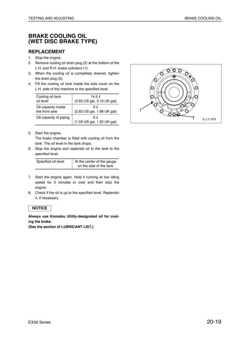 May include: A page from a manual detailing brake cooling oil replacement for an EX50 Series machine. The text includes instructions, measurements in US gallons, and a diagram of a circular component with multiple bolt holes.