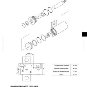 Puede incluir: Diagrama explosionado de un cilindro de inclinaci&oacute;n, con etiquetas y medidas. El diagrama incluye el di&aacute;metro exterior del cilindro (65 mm), el di&aacute;metro interior (50 mm) y el di&aacute;metro de la varilla del pist&oacute;n (25 mm). La carrera es de 43 mm.