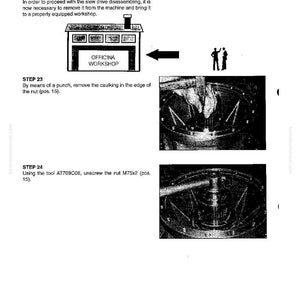 May include: Technical diagram from a manual, detailing the disassembly and assembly of swing machinery. Includes text, diagrams, and instructions for removing and working on the machinery. The text includes "OFFICINA WORKSHOP".
