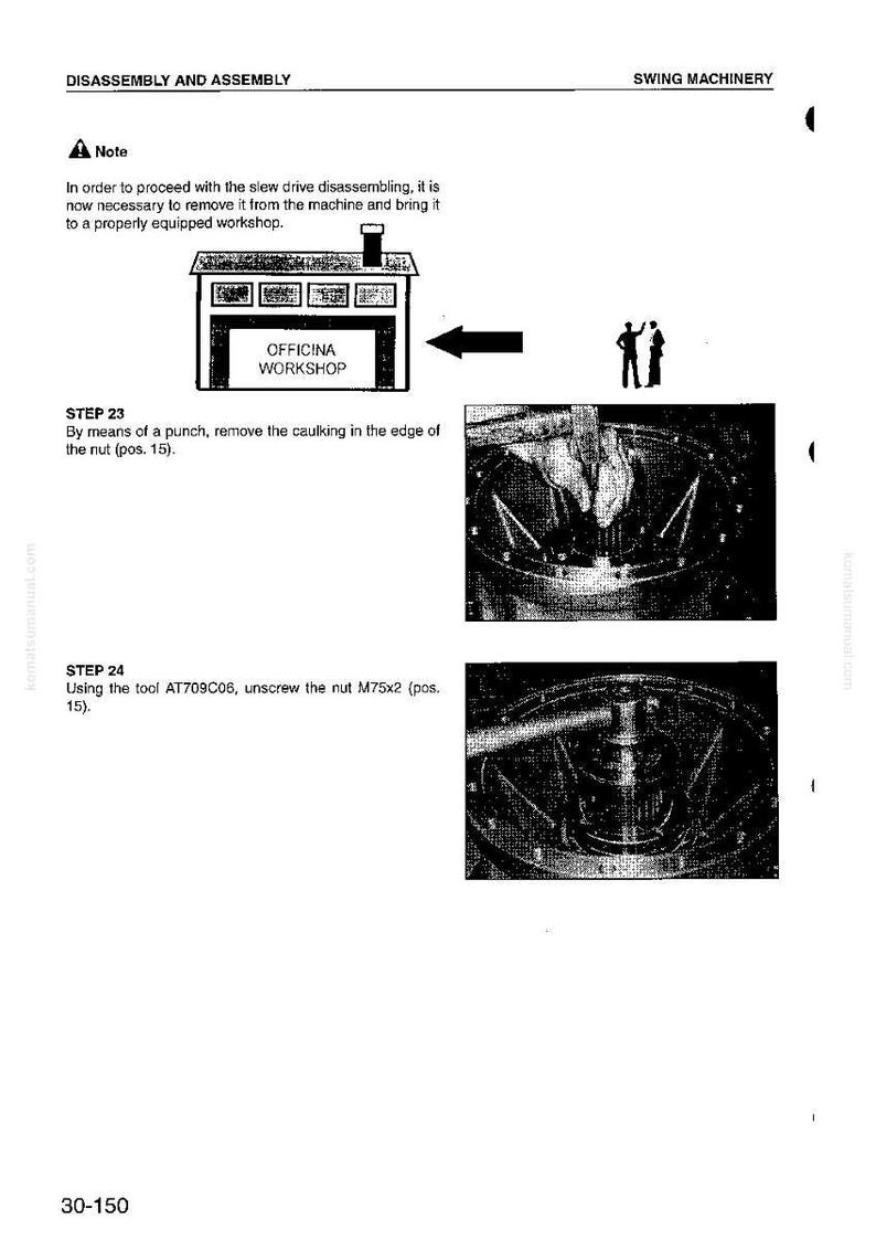May include: Technical diagram from a manual, detailing the disassembly and assembly of swing machinery. Includes text, diagrams, and instructions for removing and working on the machinery. The text includes "OFFICINA WORKSHOP".