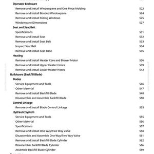 May include: A page from a manual with a table of contents. The table lists service equipment, operator enclosure, seat and seat belt, heating, bulldozers, blades, and hydraulic system components.