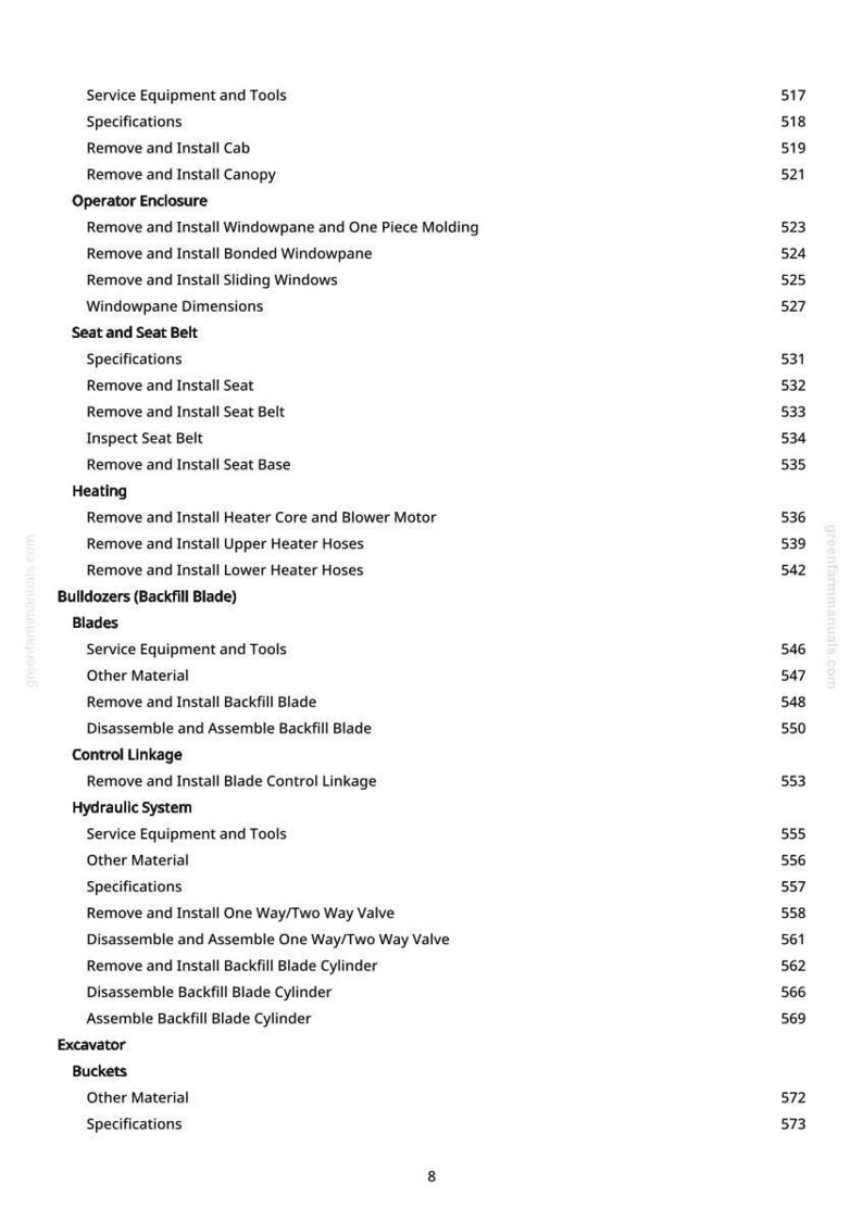 May include: A page from a manual with a table of contents. The table lists service equipment, operator enclosure, seat and seat belt, heating, bulldozers, blades, and hydraulic system components.