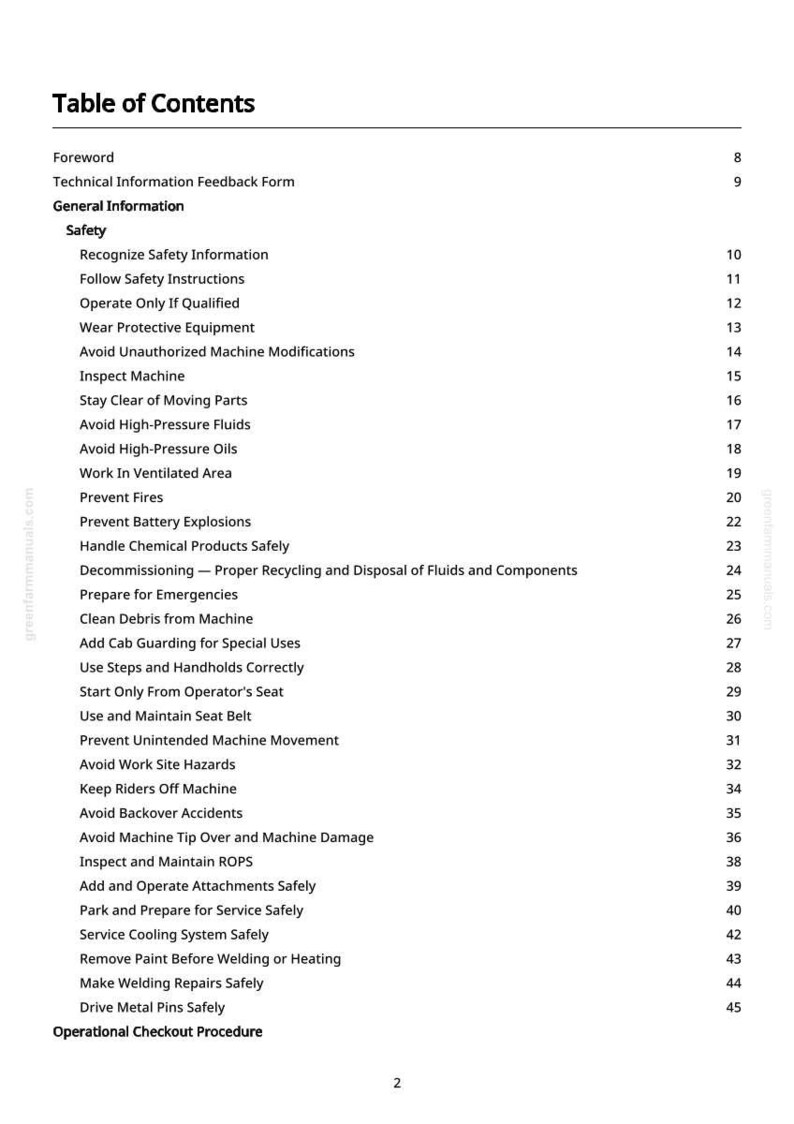 May include: A white page with a black table of contents. The title "Table of Contents" is at the top. The list includes safety information, machine operation, and maintenance procedures. Page numbers are on the right.