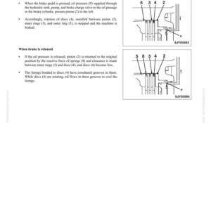 May include: Diagram of a service braking system, illustrating the structure, function, and maintenance standard. The image includes detailed schematics with numbered components and labels, such as pistons, rings, and discs, with accompanying text explaining the operation of the brake system.