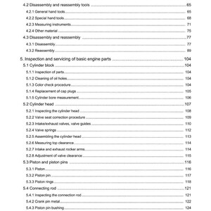 May include: A detailed table of contents from a manual, with sections on engine disassembly, inspection, and servicing. The text is black on a white background, covering topics like cylinder heads, pistons, and crankshafts.