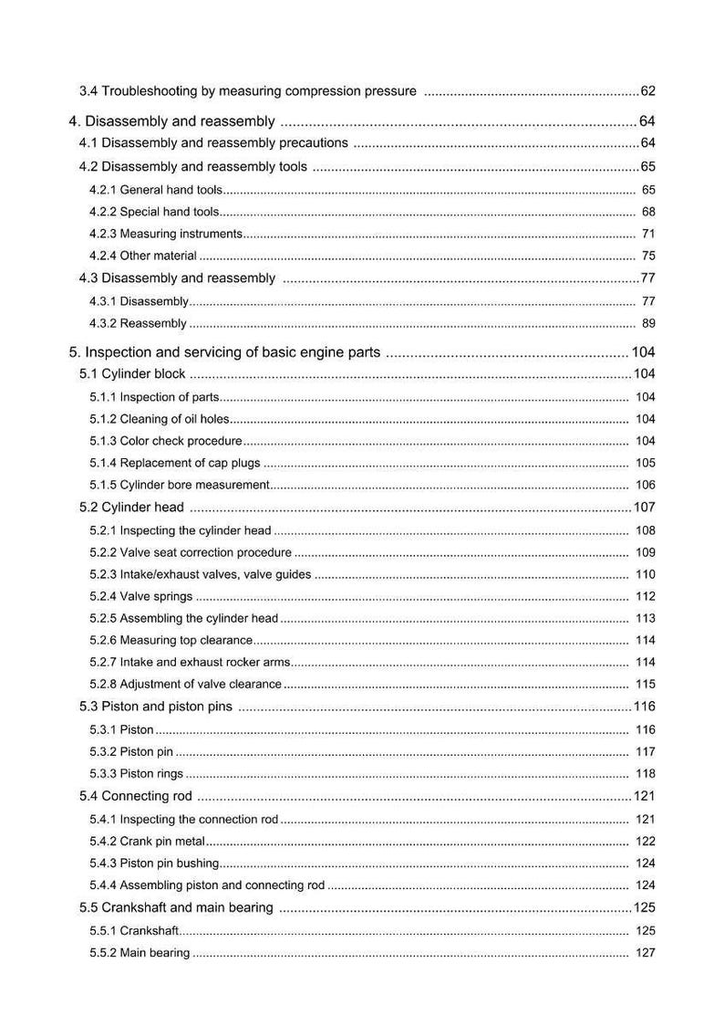 May include: A detailed table of contents from a manual, with sections on engine disassembly, inspection, and servicing. The text is black on a white background, covering topics like cylinder heads, pistons, and crankshafts.