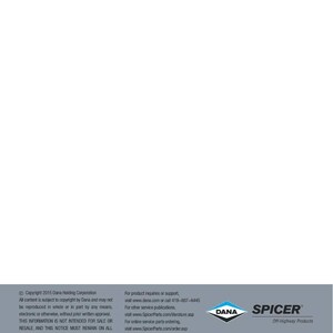 May include: A white background with text and logos. The text includes copyright information for Dana Holding Corporation and contact information for product inquiries. The Dana and Spicer logos are visible.