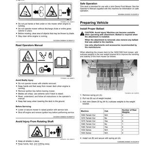 K&ouml;nnte beinhalten: Eine Seite des Sicherheitshandbuchs mit Warnungen vor rotierenden Messern, K&ouml;rperverletzungen und rotierenden Wellen. Enth&auml;lt Diagramme und Anweisungen f&uuml;r den sicheren Betrieb und die Fahrzeugvorbereitung.
