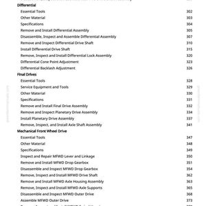 Puede incluir: Una p&aacute;gina de manual con especificaciones y procedimientos para componentes mec&aacute;nicos, incluyendo palancas de TDF, ejes de transmisi&oacute;n y conjuntos diferenciales. Texto negro sobre fondo blanco.