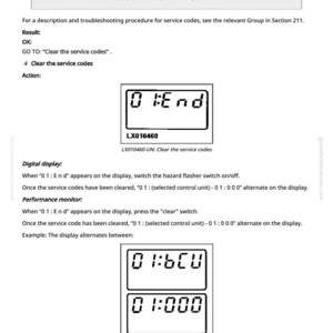 Pode incluir: Uma p&aacute;gina de manual com texto e diagramas relacionados a c&oacute;digos de servi&ccedil;o. Os diagramas mostram displays digitais com c&oacute;digos como "0 1: End" e "0 1: 6CU". O texto fornece instru&ccedil;&otilde;es para limpar os c&oacute;digos de servi&ccedil;o.