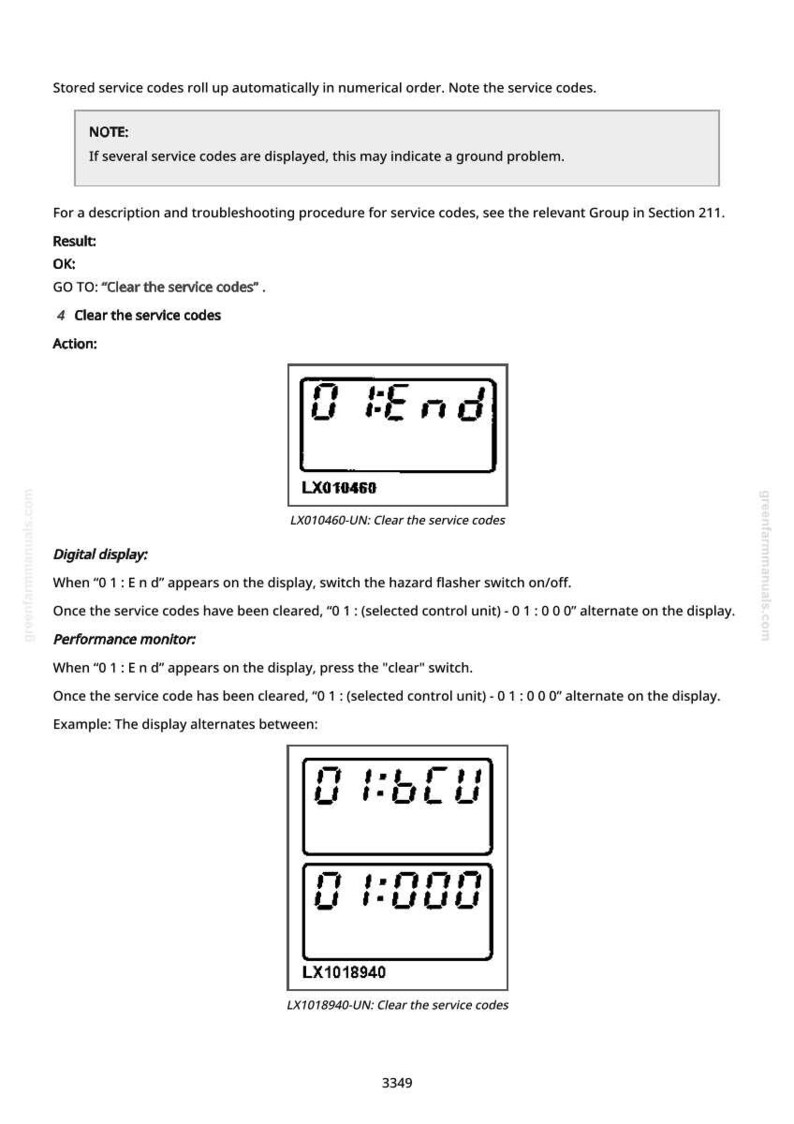 Pode incluir: Uma p&aacute;gina de manual com texto e diagramas relacionados a c&oacute;digos de servi&ccedil;o. Os diagramas mostram displays digitais com c&oacute;digos como "0 1: End" e "0 1: 6CU". O texto fornece instru&ccedil;&otilde;es para limpar os c&oacute;digos de servi&ccedil;o.