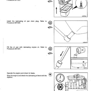 May include: Diagram from a manual showing steps for lubricating an engine. The steps include installing the oil pan, drain plug, and filling with oil. The image also shows a gauge and engine components.