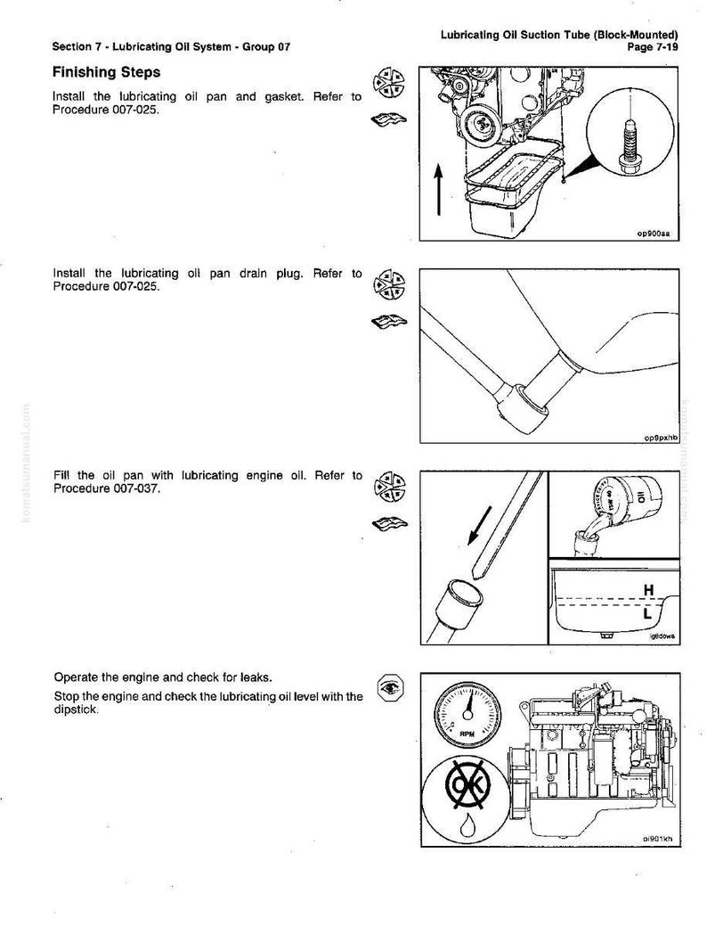 May include: Diagram from a manual showing steps for lubricating an engine. The steps include installing the oil pan, drain plug, and filling with oil. The image also shows a gauge and engine components.