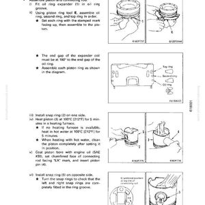May include: Diagrams and illustrations detailing the assembly of a piston and connecting rod. Includes steps for fitting oil rings, installing snap rings, and heating the piston. Text includes instructions and part numbers.