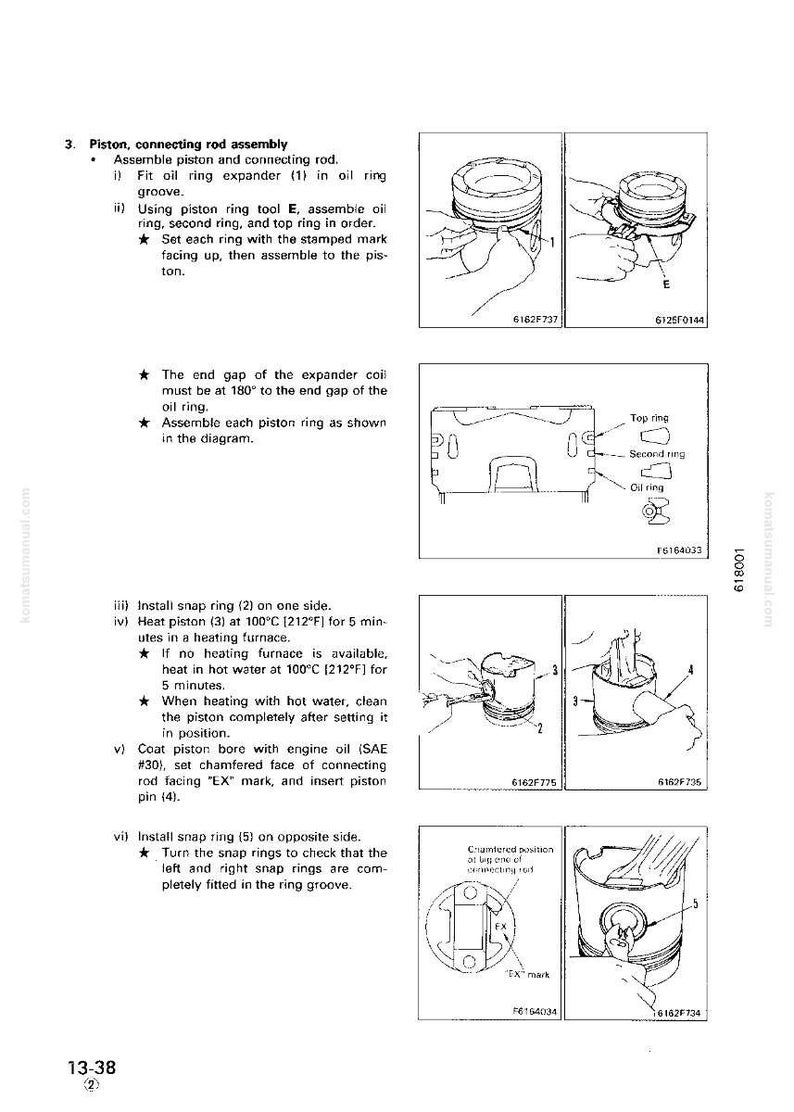 May include: Diagrams and illustrations detailing the assembly of a piston and connecting rod. Includes steps for fitting oil rings, installing snap rings, and heating the piston. Text includes instructions and part numbers.