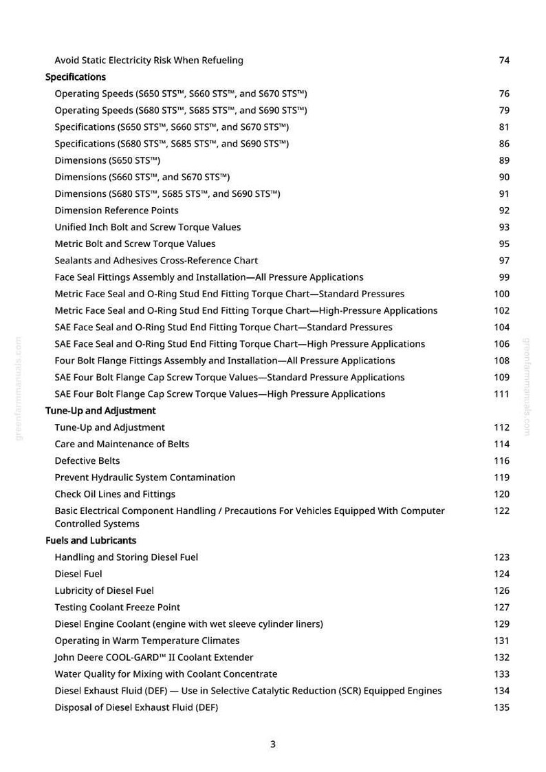 May include: A page from a manual with a table of contents. Topics include specifications, dimensions, torque values, and fuel handling. The text is black on a white background, with a website address in the corner.
