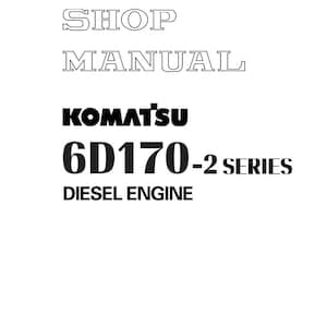 Pode incluir: Uma capa de manual branca com o texto "SHOP MANUAL" em negrito e contornado. Abaixo, o logotipo da KOMATSU &eacute; exibido, seguido por "6D170-2 SERIES DIESEL ENGINE". O documento est&aacute; marcado com "SEBM008107".