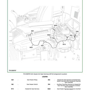 May include: Diagram showing the location of a heated air seat harness (W14) component. The image includes labels for various parts such as the seat heater relay and seat heater switch, with connecting wires.