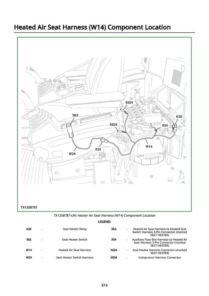 May include: Diagram showing the location of a heated air seat harness (W14) component. The image includes labels for various parts such as the seat heater relay and seat heater switch, with connecting wires.