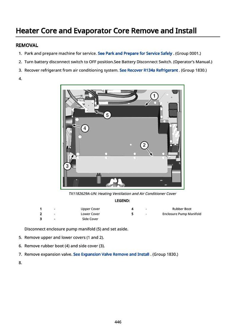 May include: Diagram of a heater core and evaporator core removal and installation process. The image includes a detailed diagram of the air conditioning cover with numbered components and a legend. Text instructions are also provided.