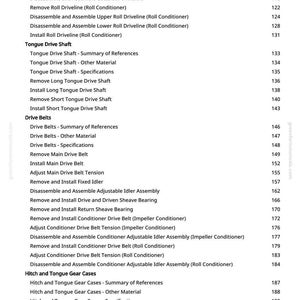 May include: A page from a greenfarmmanuals.com manual, listing various mechanical procedures. The text includes instructions for drivelines, drive belts, and gear cases, with corresponding page numbers. The document is printed on white paper.