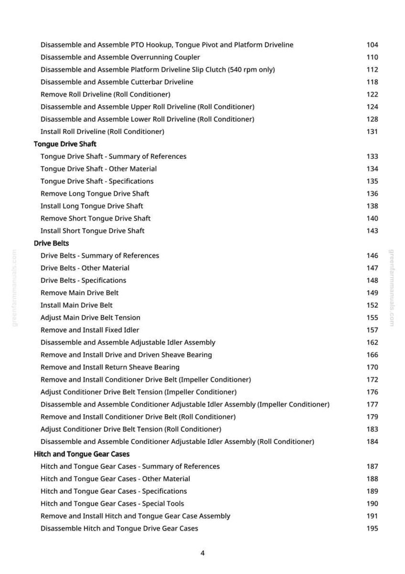 May include: A page from a greenfarmmanuals.com manual, listing various mechanical procedures. The text includes instructions for drivelines, drive belts, and gear cases, with corresponding page numbers. The document is printed on white paper.