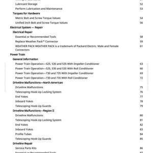 May include: A page from a manual with a table of contents. The text includes topics like "Torques for Hardware", "Electrical System - Repair", and "Power Train". Page numbers are listed on the right side.