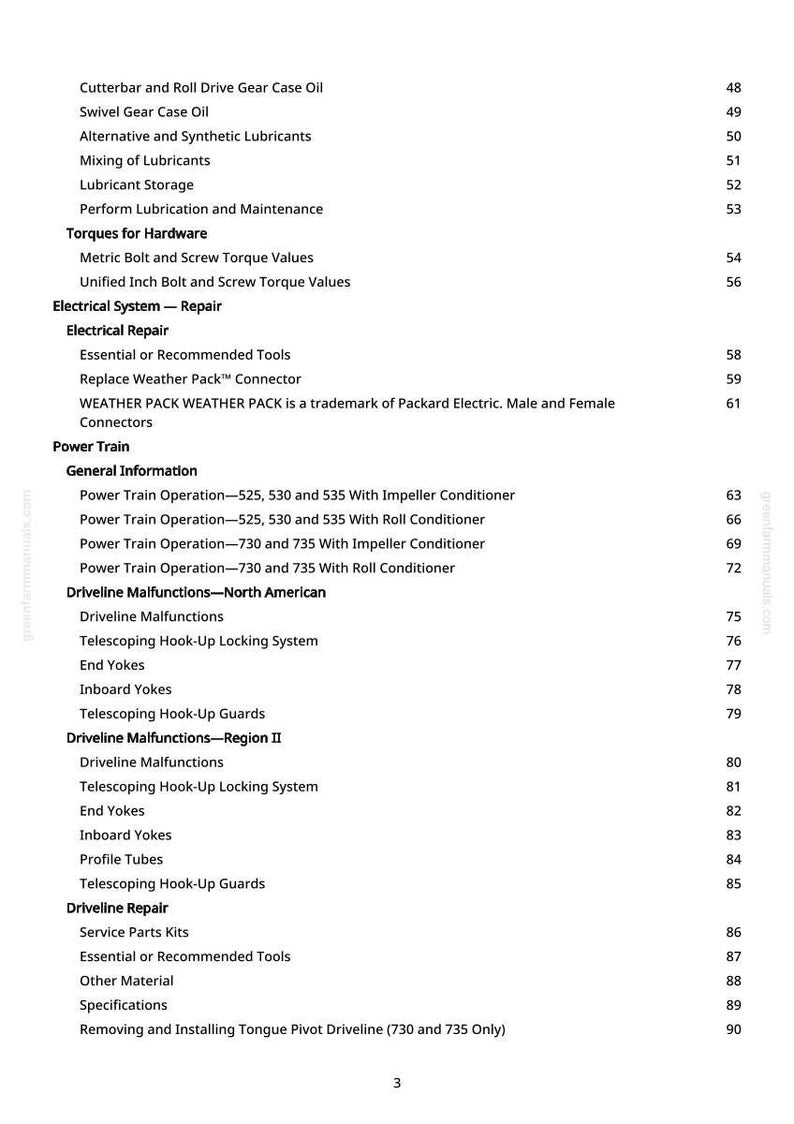 May include: A page from a manual with a table of contents. The text includes topics like "Torques for Hardware", "Electrical System - Repair", and "Power Train". Page numbers are listed on the right side.