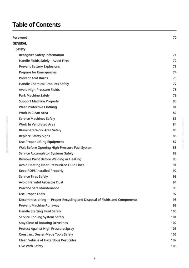 May include: A white page titled "Table of Contents" from a manual. The table lists safety topics such as "Handle Fluids Safely," "Prevent Battery Explosions," and "Avoid High-Pressure Fluids."