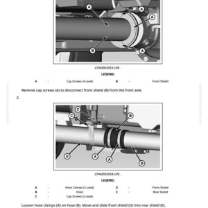 May include: Diagram illustrating the removal of a sheet metal shield, with labels for cap screws, hose clamps, and shields. The image includes detailed close-ups of the components and instructions for disassembly.