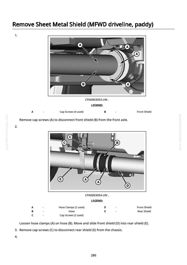 May include: Diagram illustrating the removal of a sheet metal shield, with labels for cap screws, hose clamps, and shields. The image includes detailed close-ups of the components and instructions for disassembly.