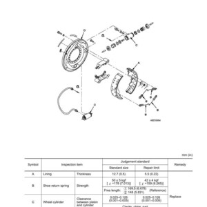May include: An exploded diagram of a wheel brake assembly, with various components labeled. Includes a table with inspection items, standard sizes, and repair limits, with measurements in inches and millimeters.