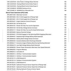 May include: A detailed list of error codes and system diagnostics for agricultural machinery, including electrical power generation and closing wheel control systems. The document includes codes for voltage issues, sensor signals, and network errors.