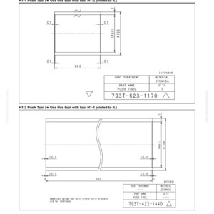 May include: Technical diagram of push tools, labeled H1-1 and H1-2, with dimensions in millimeters. The diagram includes part numbers and material specifications. The text reads "Disassembly and Assembly" and "Sketches of Special Tools."