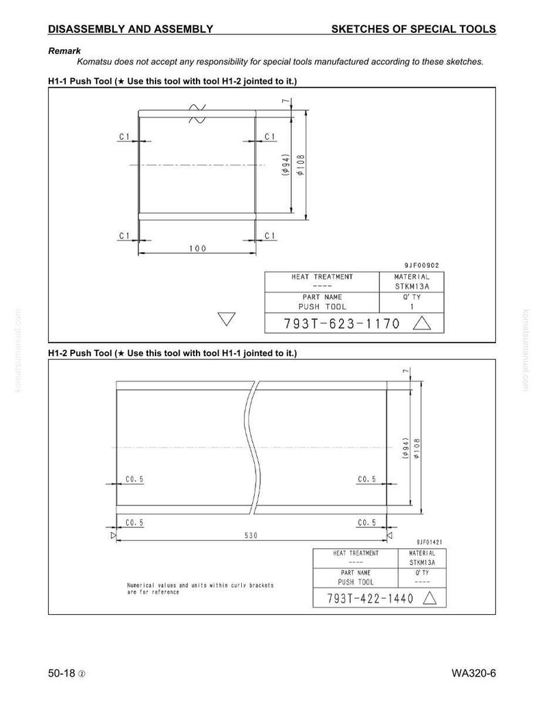 May include: Technical diagram of push tools, labeled H1-1 and H1-2, with dimensions in millimeters. The diagram includes part numbers and material specifications. The text reads "Disassembly and Assembly" and "Sketches of Special Tools."