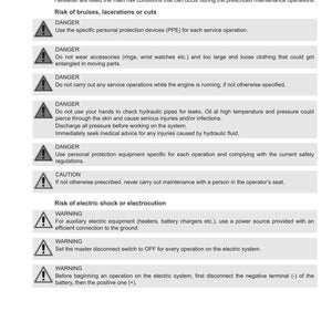 May include: A white document from Argo Tractors detailing hazardous situations and safety warnings for tractor maintenance. Includes warnings about bruises, electric shock, and proper safety equipment. Text includes "DANGER" and "WARNING" notices.