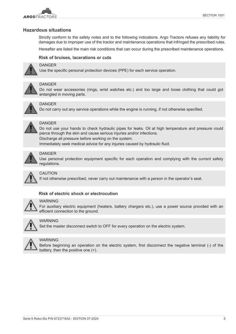 May include: A white document from Argo Tractors detailing hazardous situations and safety warnings for tractor maintenance. Includes warnings about bruises, electric shock, and proper safety equipment. Text includes "DANGER" and "WARNING" notices.
