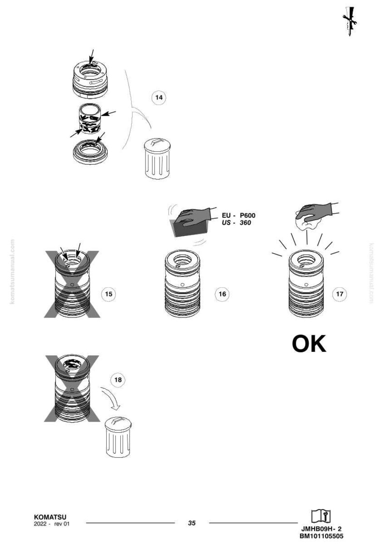 May include: Technical diagram with exploded views of mechanical components, including cylindrical parts with grooves and internal mechanisms. The diagram includes the text "OK" and measurements in US units.