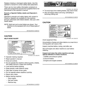 May include: A page of safety labels with text and symbols, including "DANGER" and "CAUTION" warnings. The labels provide instructions on avoiding injury and equipment fires, with specific attention to the machine's components.