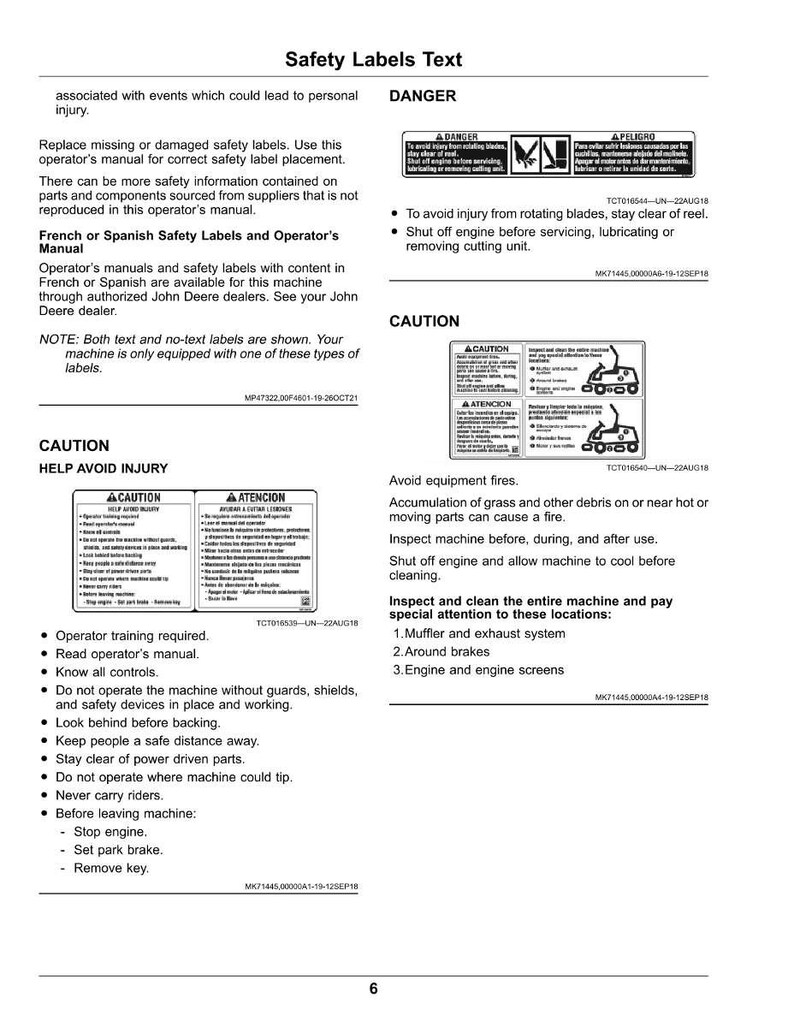 May include: A page of safety labels with text and symbols, including "DANGER" and "CAUTION" warnings. The labels provide instructions on avoiding injury and equipment fires, with specific attention to the machine's components.